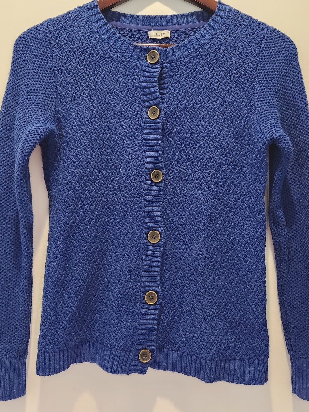 L.L. Bean Women's Cobalt Blue Button-Up Textured Fisherman Basketweave Cardigan